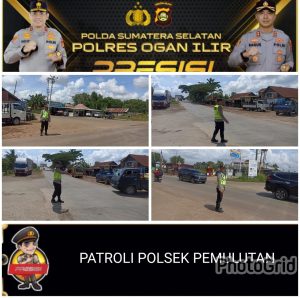 Personil Polsek Pemulutan laksanakan patroli rutin serta Berikan Himbauan Pada pengendara yang melintas