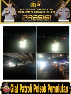 Patroli hingga malam hari personil Polsek Pemulutan jaga lalu lintas agar tetap aman